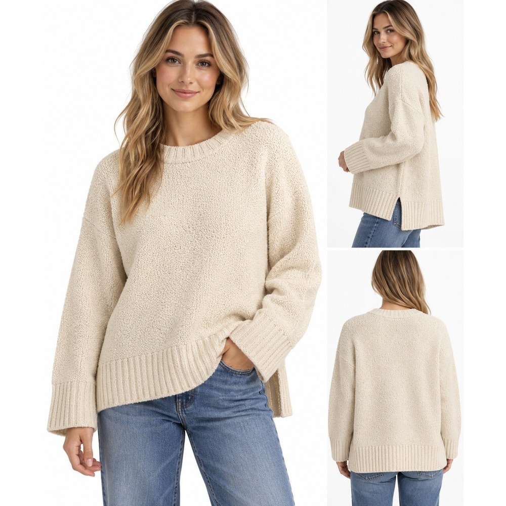 Eileen Fisher Womens L Organic Cotton Boucle Sweater Ivory Boxy Crew Neck NWT
